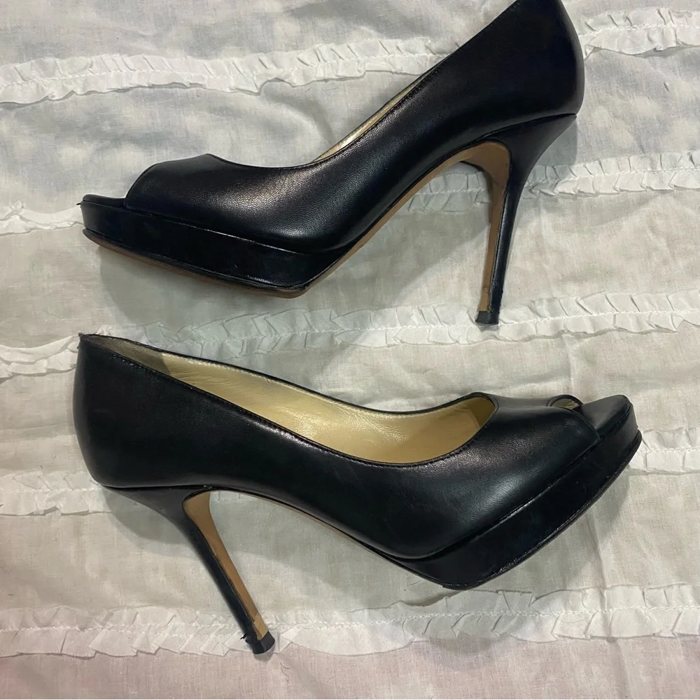 Jimmy Choo - Pump, Black Leather, Platform, Peep Toe, High Heel Women’s Size 35